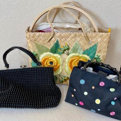 (3) Vintage Bags - Tianni Embroidered, Mexico Woven With Cross Stitch Material, Grande Bead Bag