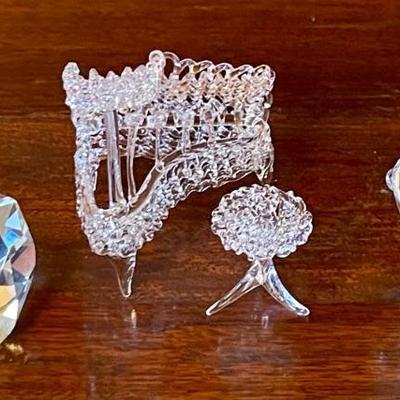2000 Crystal Champagne Bottle, Spun Glass Piano & Bench And Crystal Faceted Heart 