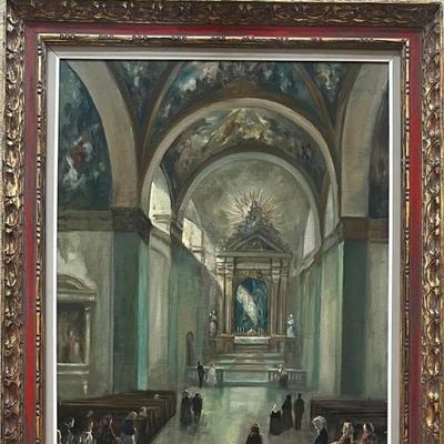 Original Oil On Canvas Painting Signed Martin Varsany Church Interior In Custom Frame 