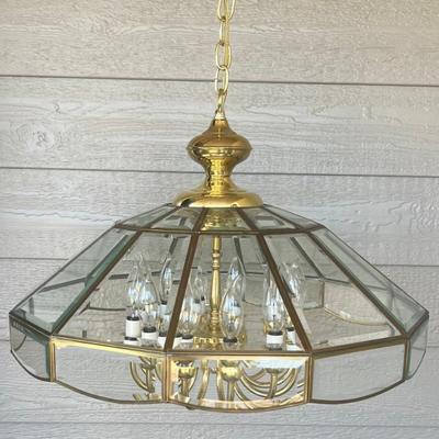 Vintage Brass And Beveled Glass Candelabra Fixture With Chain And Mounting Plate 