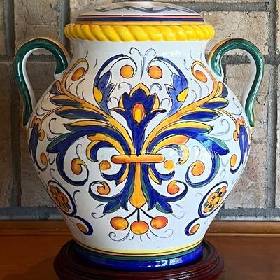 Vintage Italian Collection Porcelain Floral Double Handled Urn With Lid & Wood Base 
