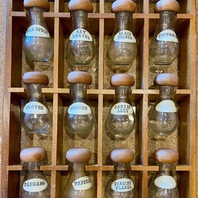 Vintage MCM Apothecary Spice Rack With Glass Mushroom Spice Jars And Wood Lids