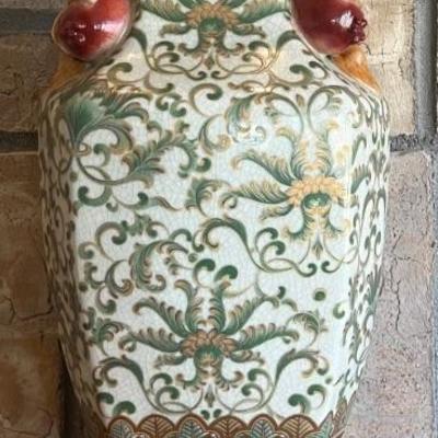 Vintage 14 Inch Chinese Ceramic Vase With Wood Base