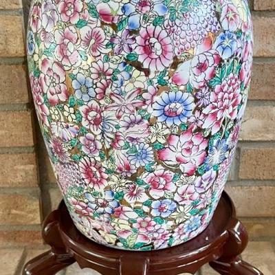 Vintage Made In China Floral Printed Ginger Jar With Lid On Wood Base