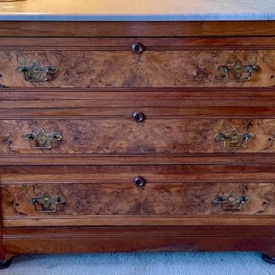 Antique East Lake Walnut Three Drawer Dresser With Marble Top And 3 Burl Drawer Fronts