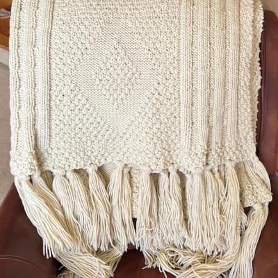 Vintage Handle Crocheted 60 X 58 Inch Blanket With Fringe 