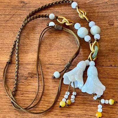 Lavender Jade And Green Jade Double Tulip 28" Necklace With Braided Adjustable Cord 