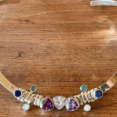 Sterling Silver Choker With Amethyst, Clear & Light Blue & Dark Blue Faceted Stones 52 Grams 