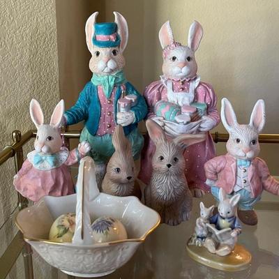 Hand Painted Ceramic Bunnies By Buehla Avery - Lenox Basket With Painted Ceramic Floral Eggs 