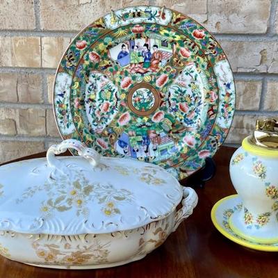 Vintage Made In Italy Pottery Lighter, Hampton Rose Design Plate, Henry Alcock Co. England Lidded Casserole