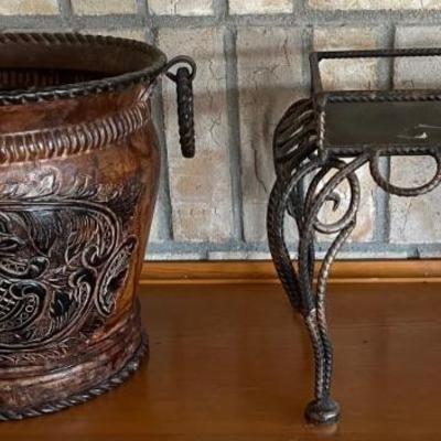 Metal Bronze Tone Handled Basket With Decorative Metal Stand 