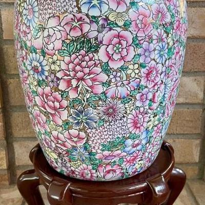 Vintage Made In China Floral Printed Ginger Jar With Lid On Wood Base
