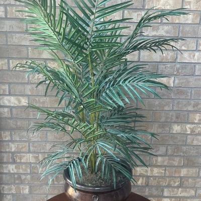 Bronze Tone And Metal Lion Head Footed Planter With Faux Plant