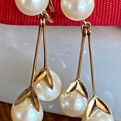 Vintage 14k Gold & Double Drop Pearl Screw Back Earrings - 5.36 Grams
