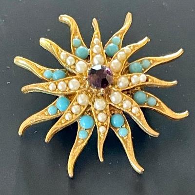 Vintage Gold Tone Stone And Faux Pearl Sun Pendant
