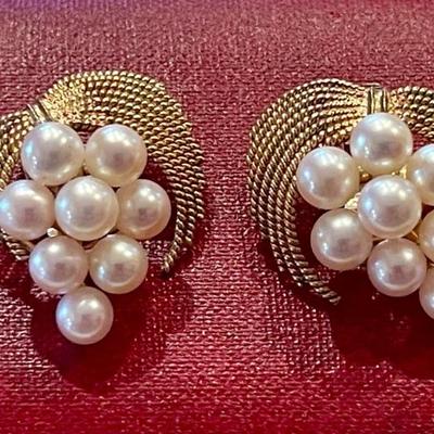Vintage 14k Gold And Pearl Cluster Clip On Earrings - 8.97 Grams