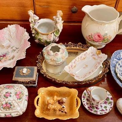 Antique Porcelain Hair Receiver, Pitcher, Noritake Gold Plate, Heart Bowl & More