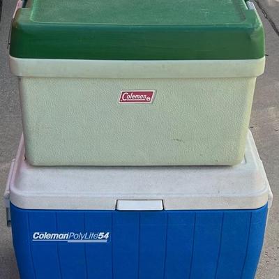 Pair Of Coleman Coolers - Vintage Green With Metal Handles And Polylite 54