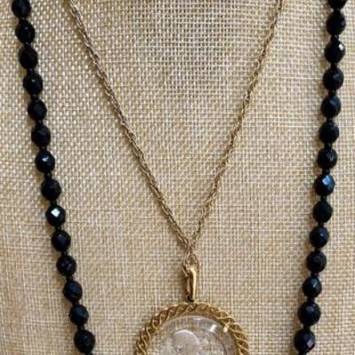 Jet Black Facetted Glass Bead Necklace 30", Trifari Leo Sign Crystal Necklace 18"