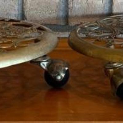 Vintage Pair Of Brass 11 Inch Plant Bases With Casters 