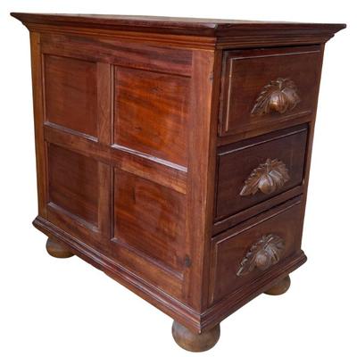 Vintage Solid Walnut Hand Carved Acorn Dovetail 3 Drawer Side Table With Wood Ball Feet