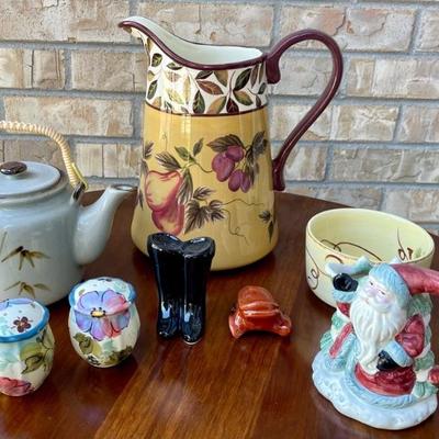 Vintage Home Decor Lot - Waverly Floral Pitcher - Boots & Saddle Salt & Pepper - Santa Creamer & Asian Tea Pot