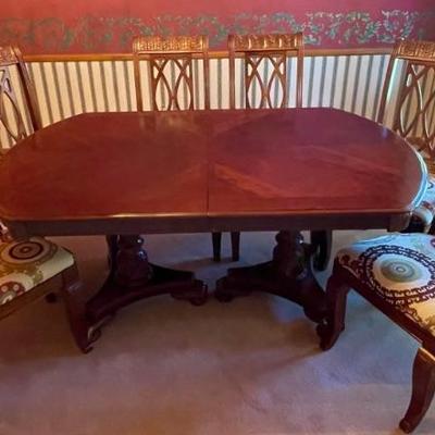 Solid Wood Carved Double Pedestal Dining Table With Cherry Veneer Top And Acanthus Side Chairs Captain Chairs