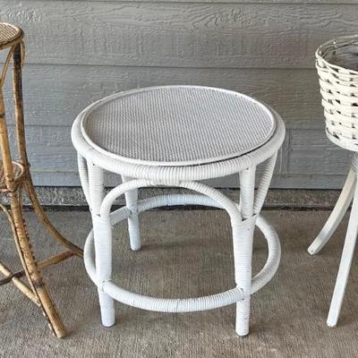 Vintage White Wicker 3 Leg Planter, 2 Tier Bamboo Plant Stand, And Small Side Table