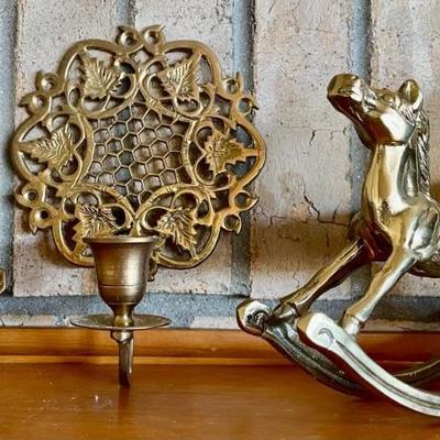 (3) Vintage Brass Pieces - Candle Holder, Rocking Horse, Antique Receipt Holder
