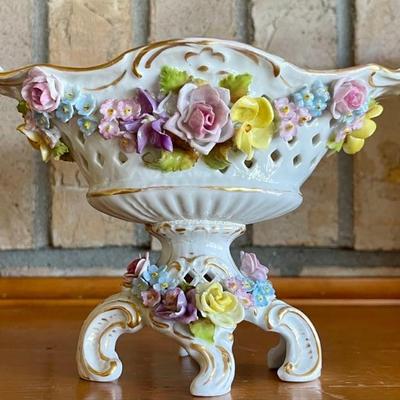 Dresden Porcelain Floral Lattice Compote Double Handle