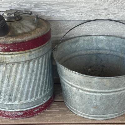 Vintage Galvanized Metal Oil Can With Lids & Handled Bucket