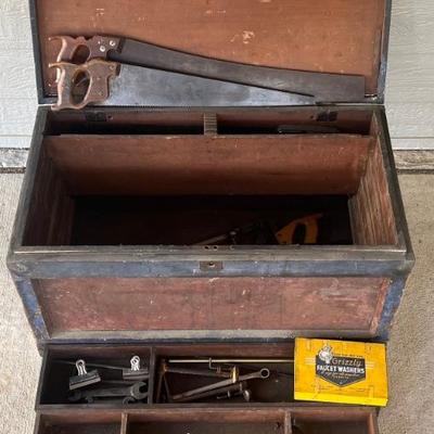 Antique Wooden Carpenters Box With Inserts And Assorted Vintage Tools - Saws And Wrenches 