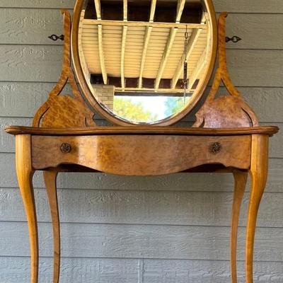 Antique Birdseye Maple Single Drawer Vanity With Beveled Oval Mirror And Metal Pulls