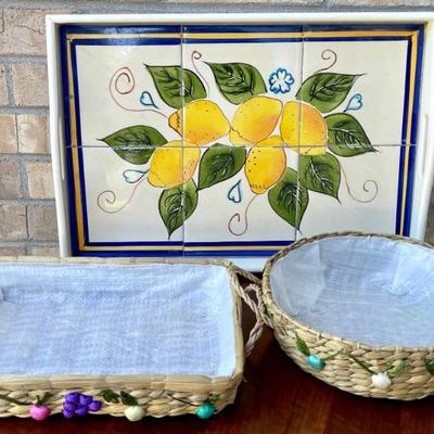 Vintage Wicker Raffia Casserole Straw Rattan Baskets & Ceramic Tile & Wood Lemon Motif Tray 