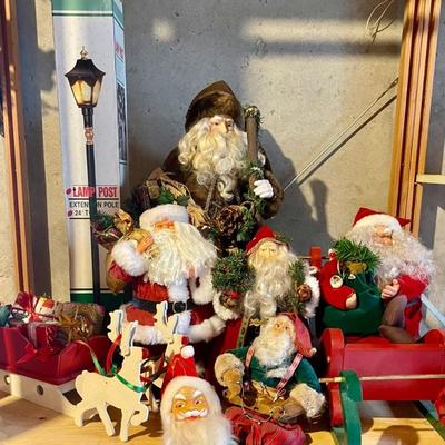 Collection Of Hand Made Santas And Light Up Lamp Post - Sleds And Reindeer 