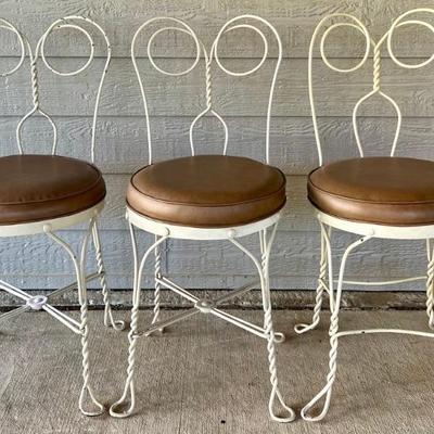 (3) Vintage Wrought Iron Twist Leg And Back Parlor Chairs With Padded Leather Seats