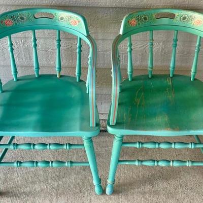 Vintage Pair Of Styl Co. Phoenix Tole Hand Painted Teal Pub Chairs