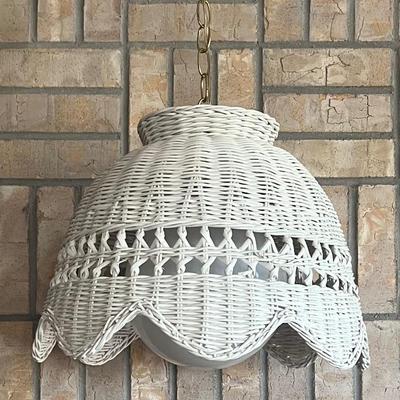 Vintage White Wicker Plug In Lamp With Milk Glass Globe And 11 Foot Chain 
