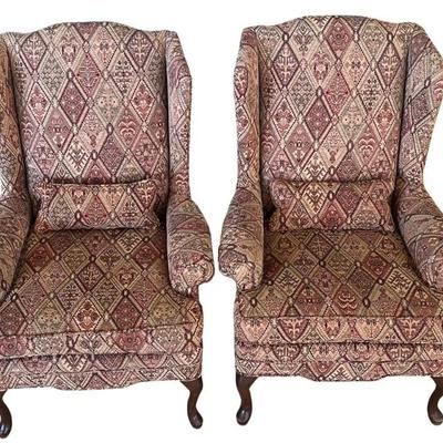 Pair Of Vintage Upholstered Wing Back Chairs With Cushions And Pillows