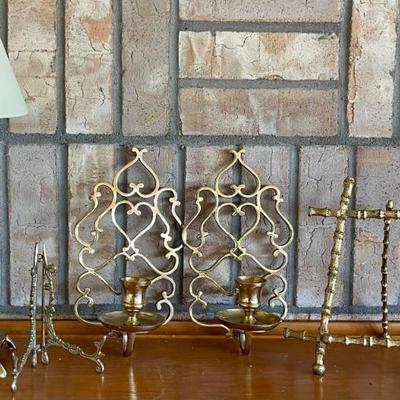 (2) Solid Brass Candle Holders, (2) Decorative Brass Plate Holders, Candle Holder With Shade
