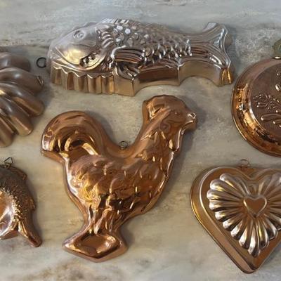 Assorted Copper On Metal Baking Molds- Fish, Rooster, Heart