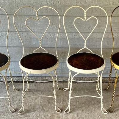 Set Of 4 Vintage Twist Heart Back Parlor Chairs With Wooden Seats - (3) White, (1) Gold -(4) Assorted Cushions