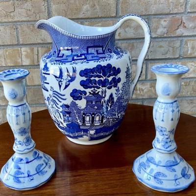 Buffalo Pottery Blue Willow Nymph Pitcher And 2 Blue And White Candle Stick Holders