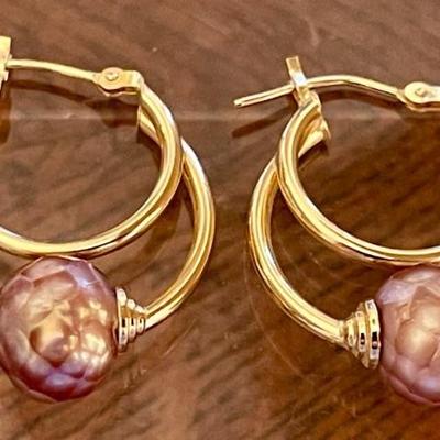 14K Gold & Faux Pearl Hoop Earrings - 3.3 Grams 