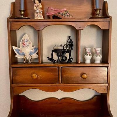 Vintage Wood Double Drawer Wall Shelf With Miniatures - Rocking Chair - Candles - Raffia Doll & Vases 