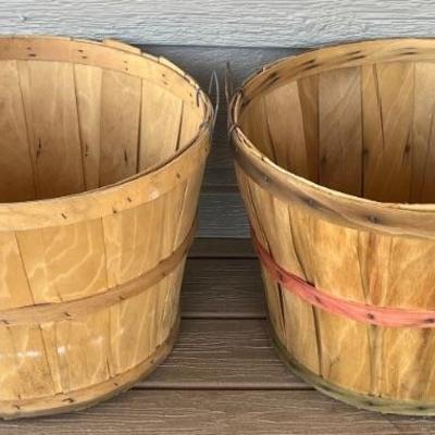 Pair Of Vintage Slat Bushell Baskets With Metal Wire Handles 
