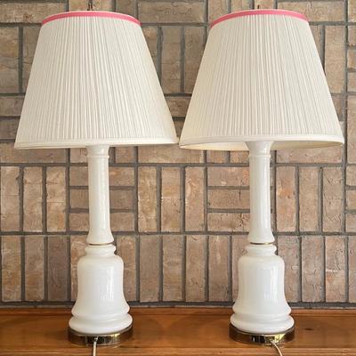 Pair Of Vintage 33" Milk Glass Base And Brass Lamps With Shades