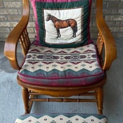 Antique Solid Oak Wood Press Spindle Back Rocking Chair With Metal Embellishments And Matching Foot Rest