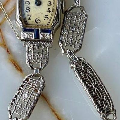 Stunning Art Deco Antique Filigree 14K Gold Band & 18K Gold Watch W Diamonds & Sapphires (as Is) 14.5 Grams 