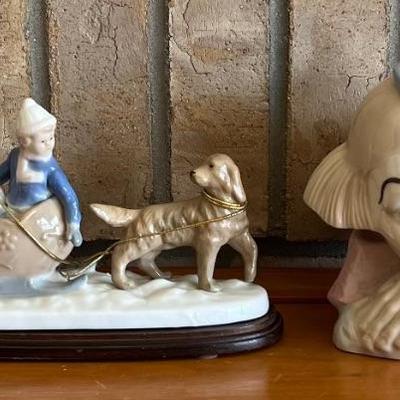 Pair Of Vintage Meico Hall Sebastian Porcelain Figurines Clown Head & Children Sledding W Wood Base 